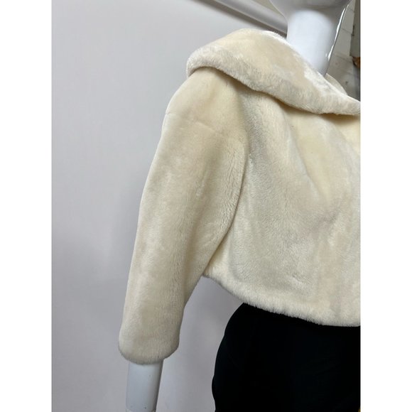 Vintage Neiman Marcus Womens Open Front Jacket Ivory Borgana Faux Fur Collar M - Picture 9 of 12